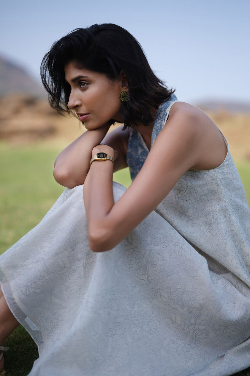 Aves Hand-block Printed Mul Dress - Blue, White, image 7