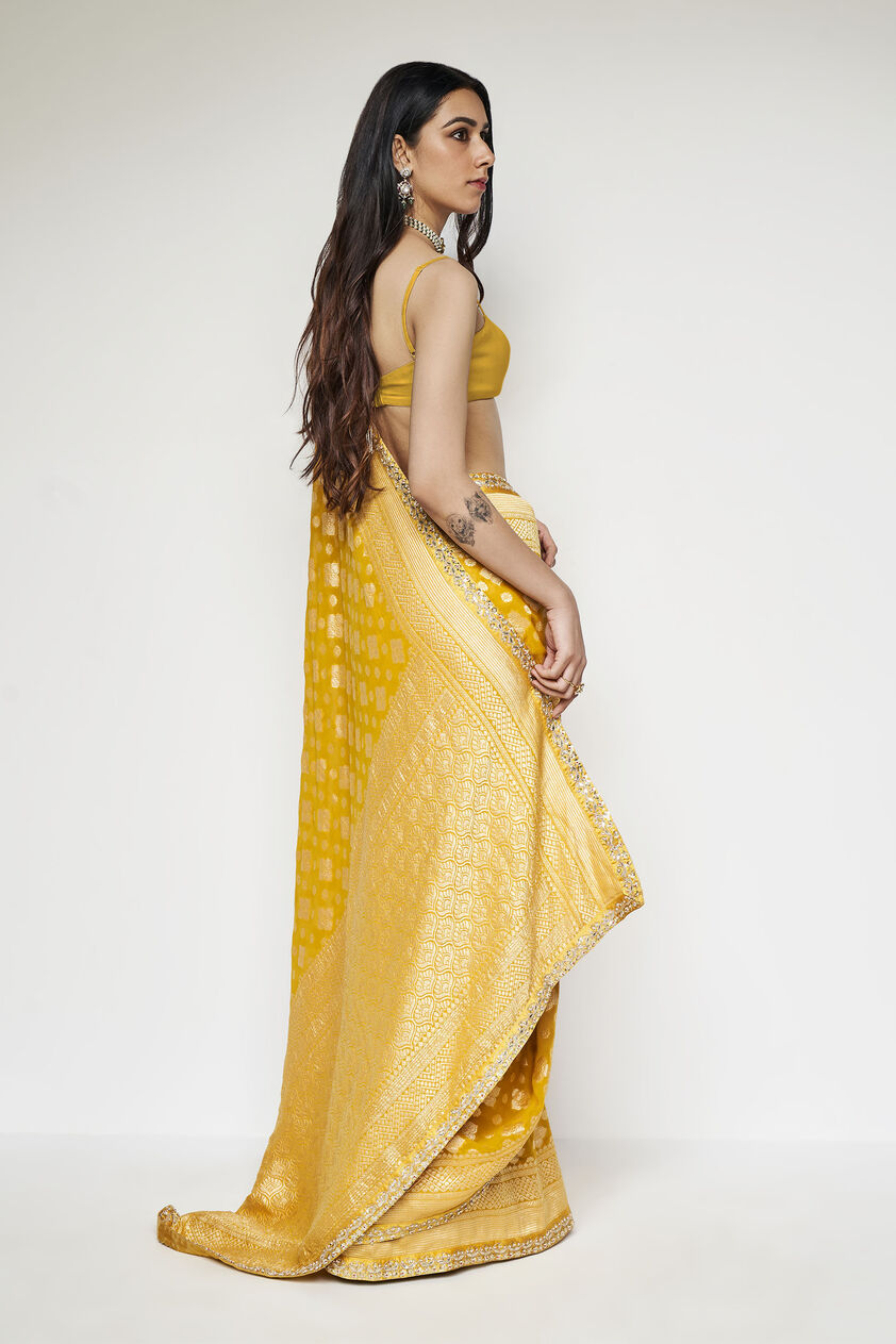 Chrisoula Benarasi Silk Gota Patti Saree - Yellow, Yellow, image 3