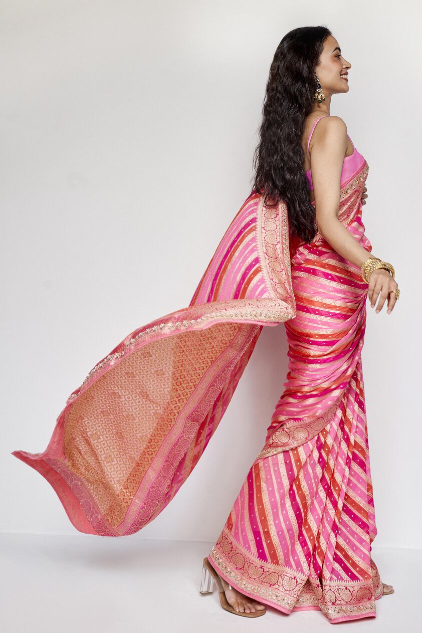 Aheli Benarasi Silk Embroidered Saree - Pink, Pink, image 6