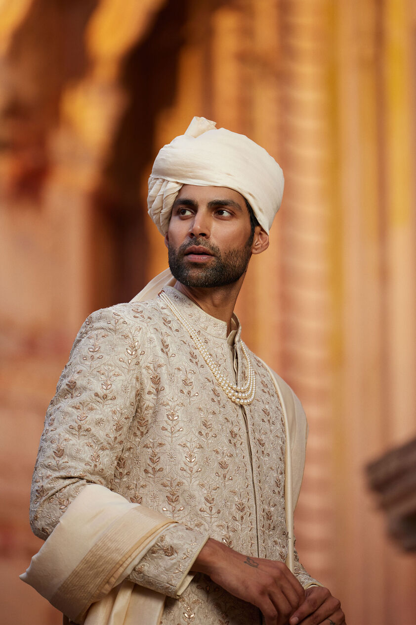 Devarsh Gota Patti & Aari Silk Sherwani - Ivory, Ivory, image 5