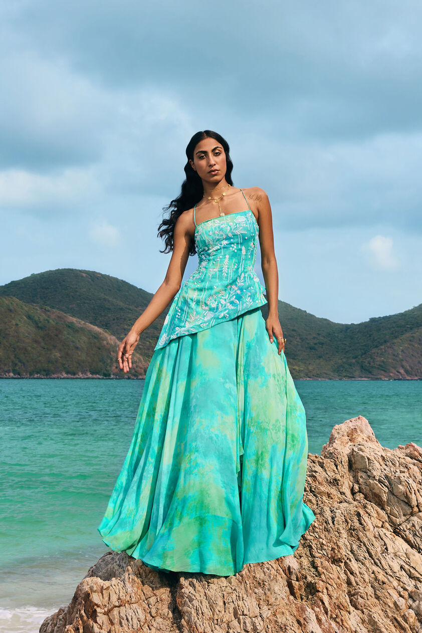 Cadenza Georgette Asymmetrical Skirt Set - Aqua, Aqua, image 3
