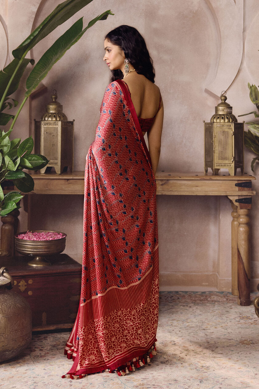 Fiann Ajrakh Hand-block Printed Saree - Red, Red, image 2