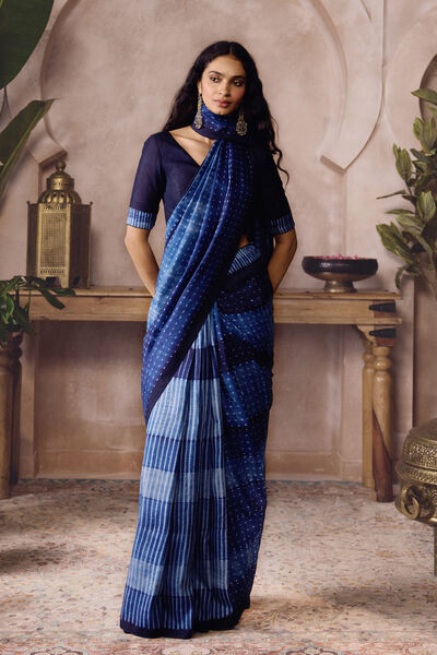 Tohora Handcrafted Shibori Silk Saree - Indigo