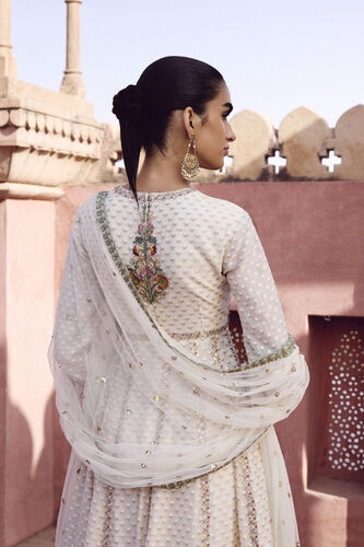 Akshi Handwoven Benarasi Cotton Anarkali Suit Set - Natural, Ivory, image 5