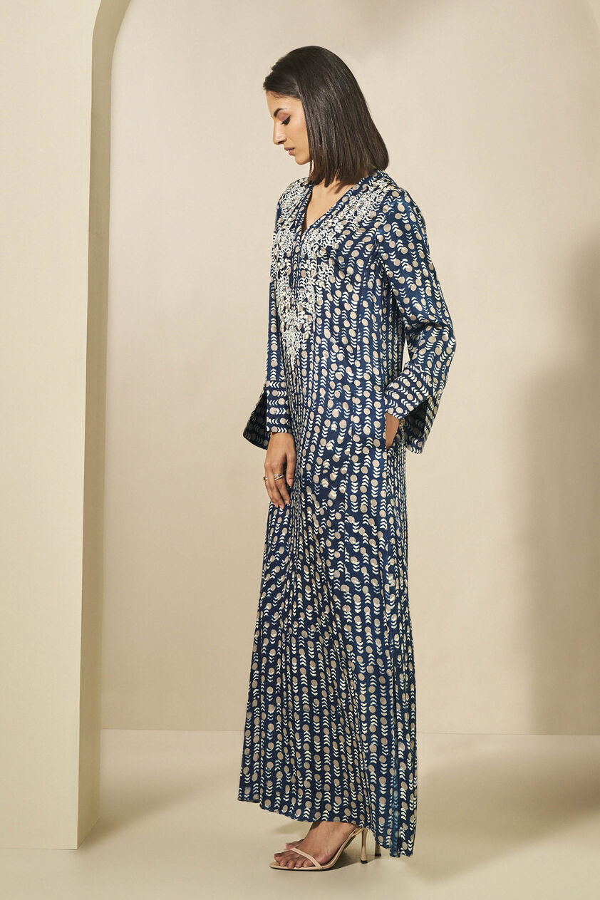 Taara Embroidered Hand-block Printed Kaftan - Blue, Blue, image 2