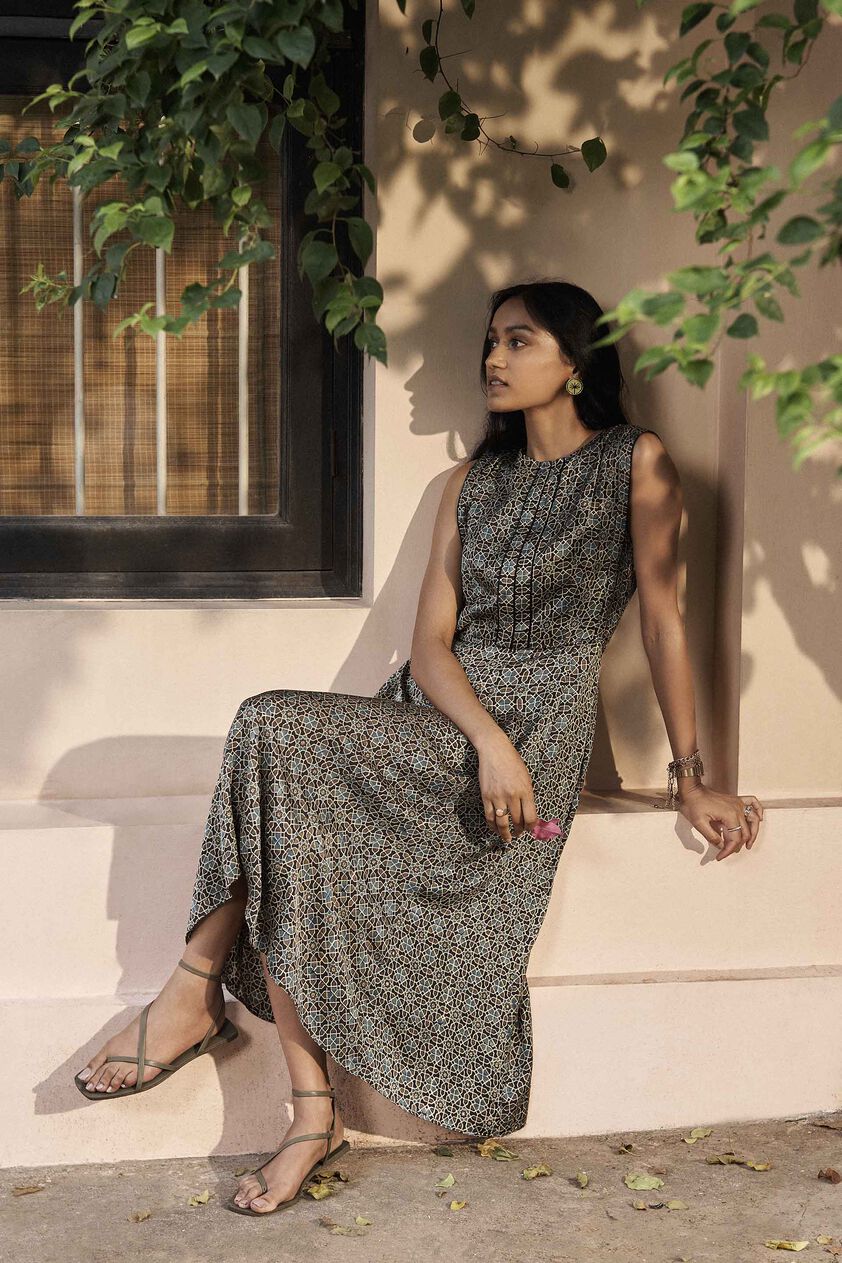 Rove Ajrakh Hand-block Printed Dress - Black, Black, image 3