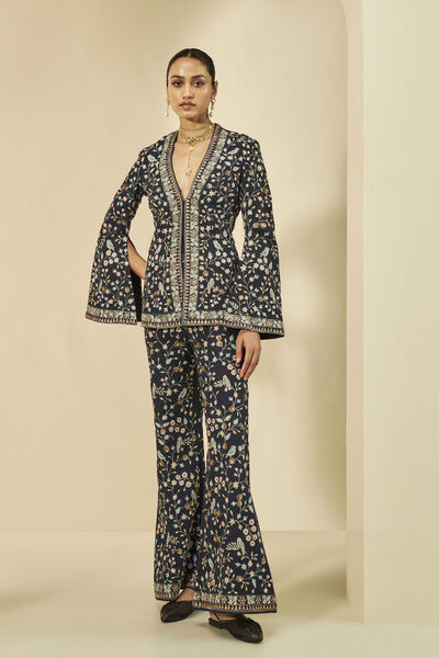 Isra Zardozi Embroidered Silk Jacket Set - Black