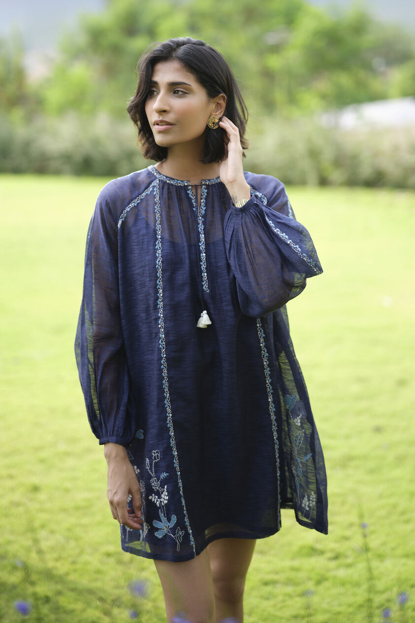 Folia Hand-embroidered Kantha Dress - Indigo, Indigo, image 1