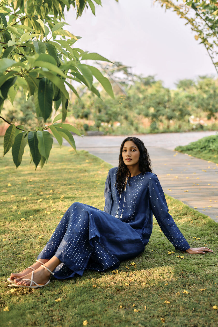 Coast Handcrafted Bandhani Linen Kaftan - Indigo, Indigo, image 4