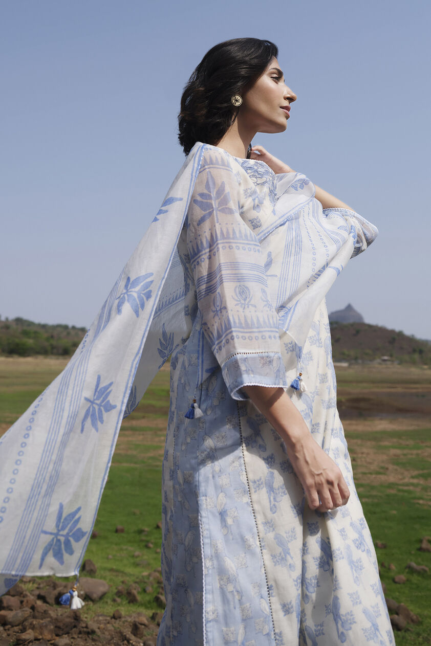 Ashling Hand-block Printed Mul Stole - Blue, White, image 2