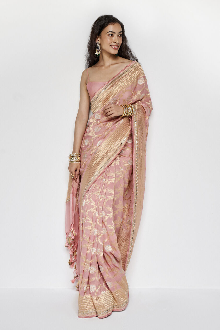Aaradhana Benarasi Silk Embroidered Saree - Blush, Blush, image 5