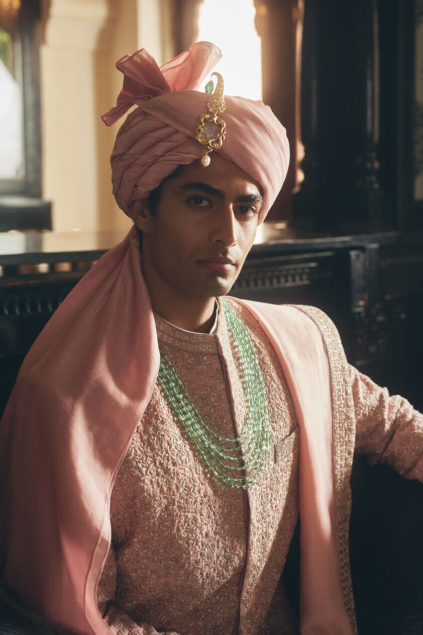 Numair Embroidered Silk Sherwani - Blush, Blush, image 4
