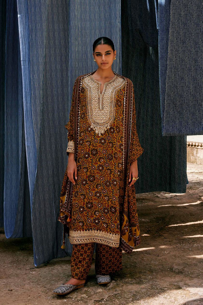 Kasano Ajrakh Hand-block Printed Silk Suit Set - Mustard, Mustard, image 1