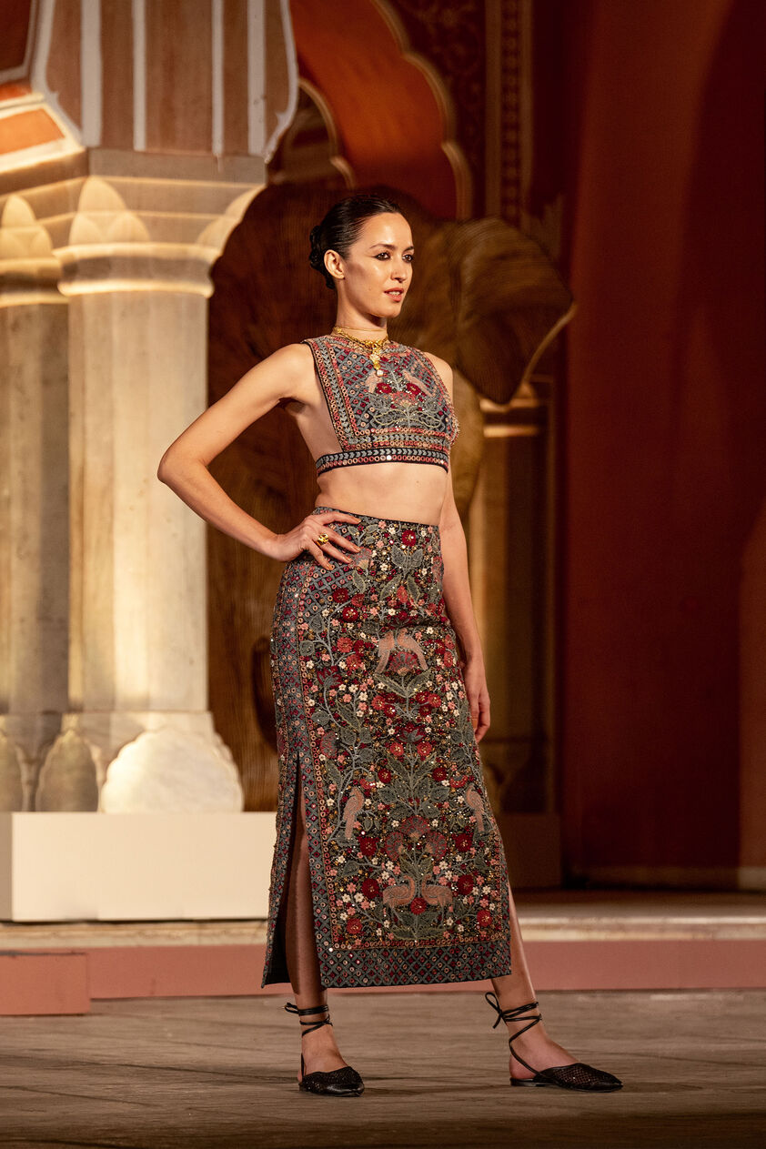 Symphony Of The Wilderness Zardozi & Mirror Embroidered Silk Skirt Set - Blue, Blue, image 2