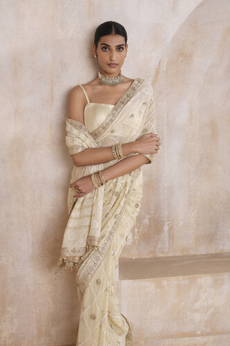 Sharika Hand-embroidered Chikankari Silk Saree - Beige, Beige, image 4