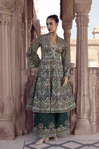 Nemora Embroidered Silk Anarkali Set - Green