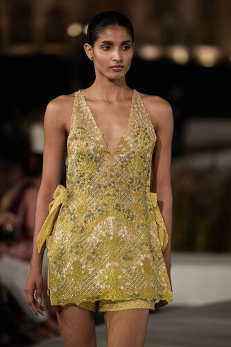 Lovorka Embroidered Applique Silk Co-ord - Yellow, Yellow, image 3