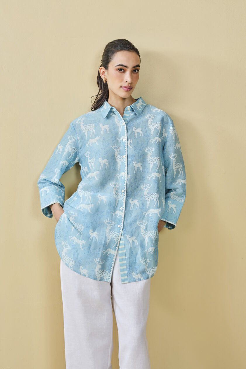 Chital Hand-Block Printed Linen Top  - Blue, Blue, image 8