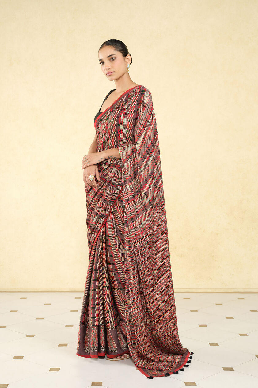 Baadiyah Ajrakh Hand-block Printed Saree - Brown, Brown, image 3