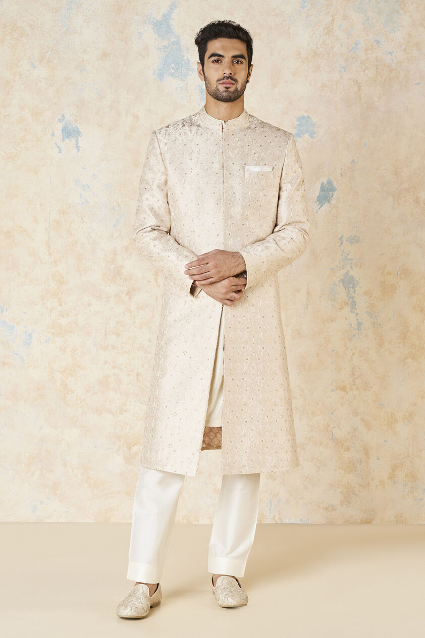 Aajay Zardozi & Aari Silk Sherwani - Ecru, Ecru, image 2