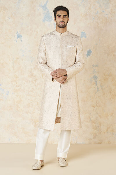 Aajay Zardozi & Aari Silk Sherwani - Ecru