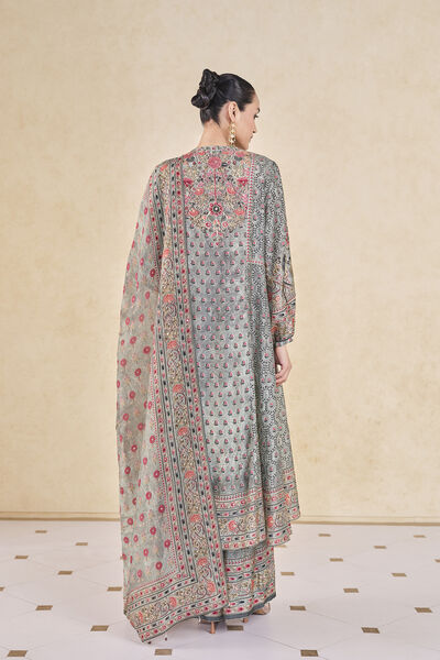 Demoiselle Printed Sequin Silk Suit Set - Sage