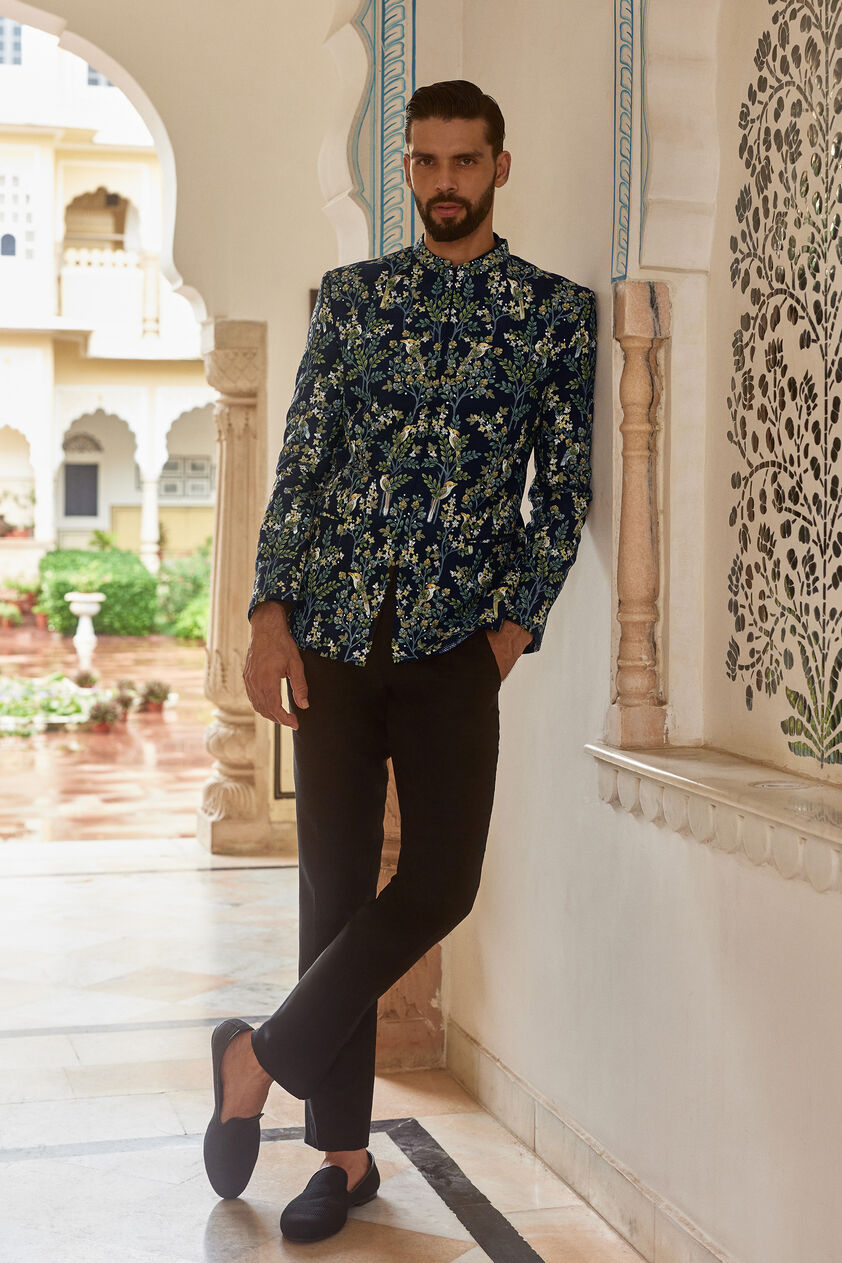 Ipsit Hand-painted Pichhwai Silk Bandhgala - Navy, Navy, image 1