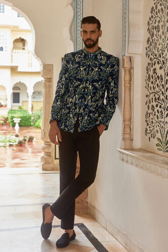 Ipsit Hand-painted Pichhwai Silk Bandhgala - Navy, Navy, image 1