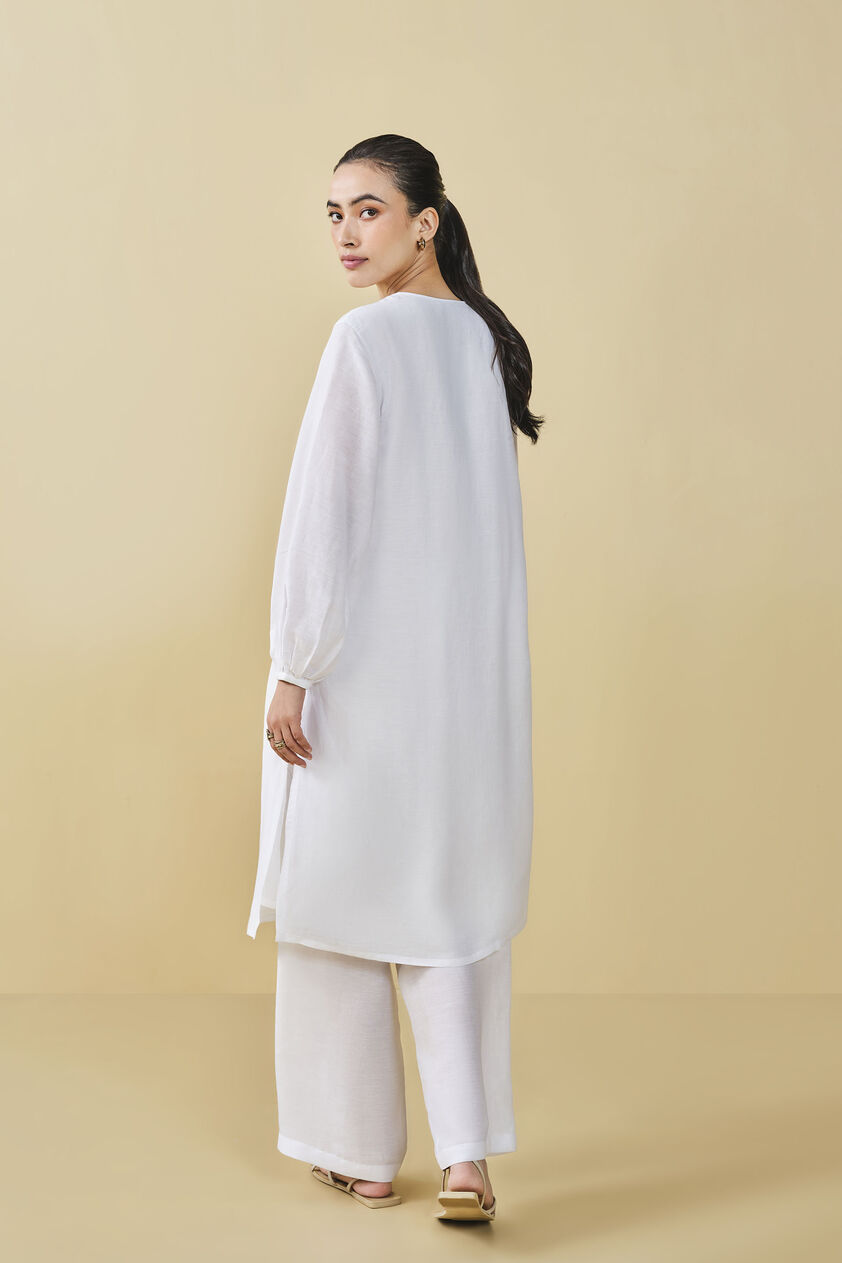Cloud Sky Hand-embroidered Chikankari Linen Co-ord - White, White, image 2