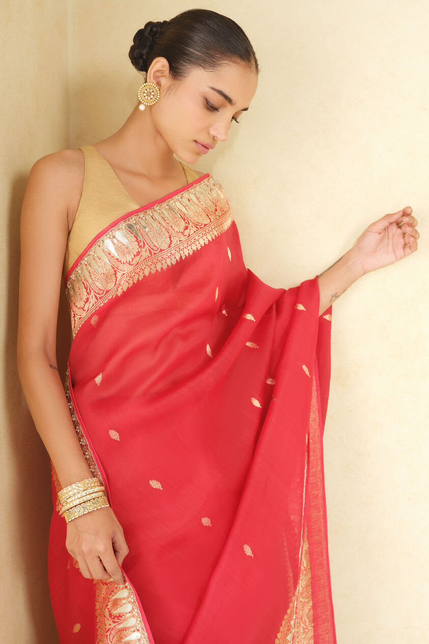 Ulka Handwoven Benarasi Saree Set, Red, image 4