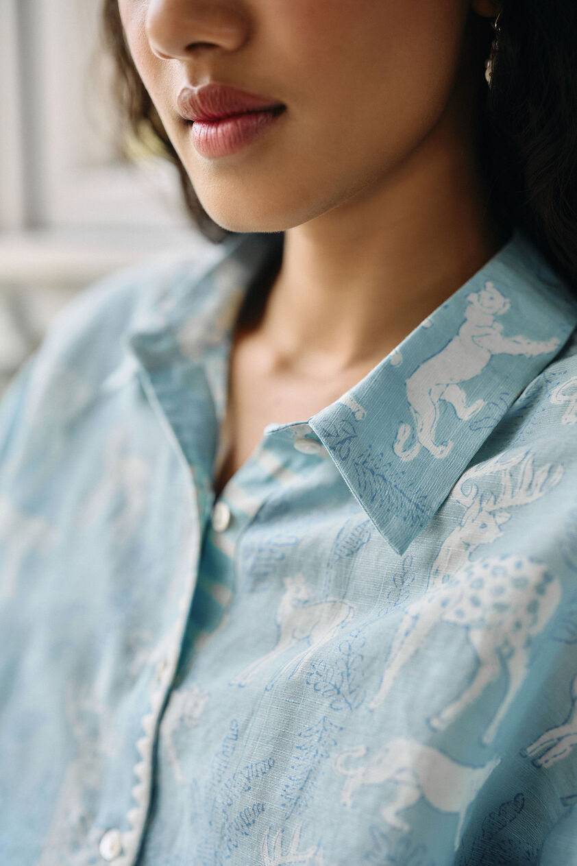 Chital Hand-Block Printed Linen Top  - Blue, Blue, image 4