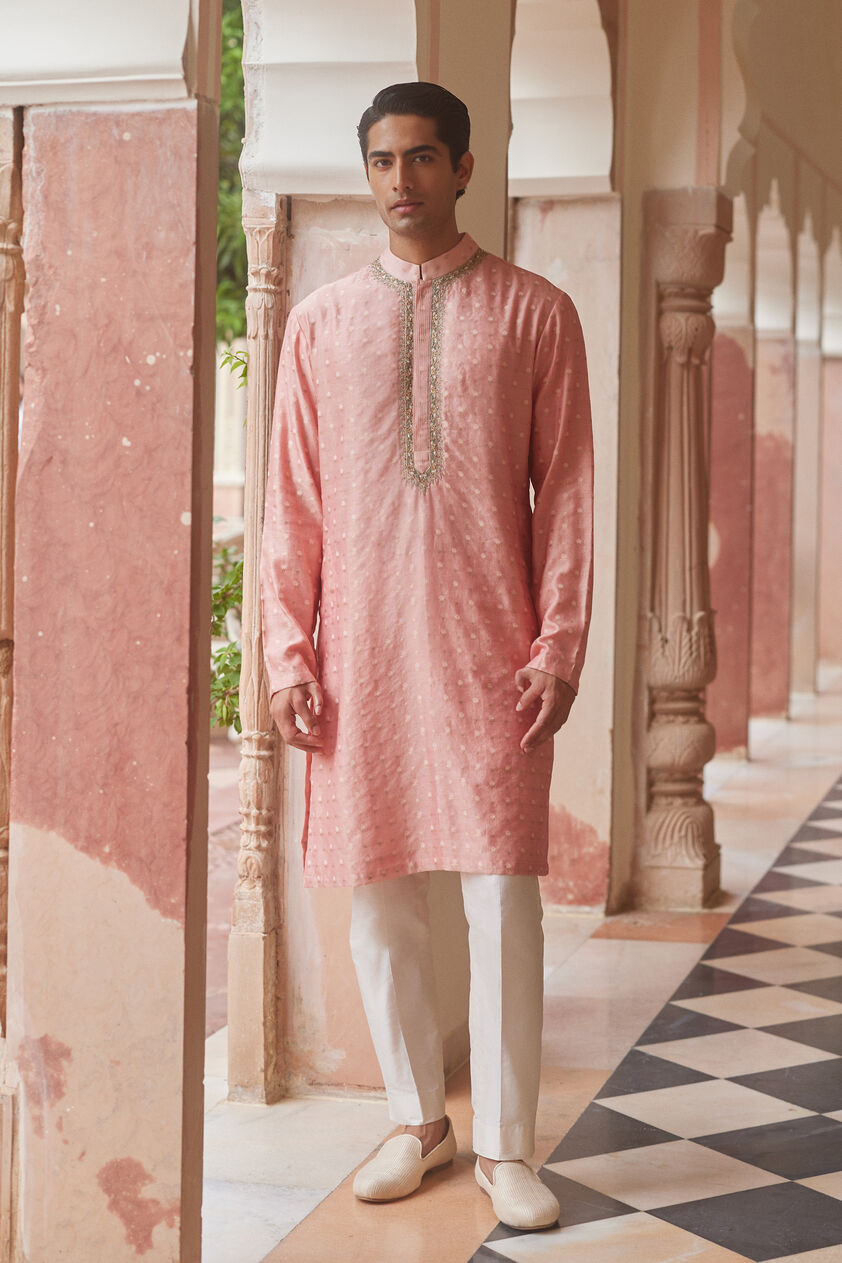 Faaris Handwoven Benarasi Silk Kurta - Blush, Blush, image 1