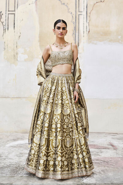 Adveka Handwoven Benarasi Silk Lehenga Set - Olive