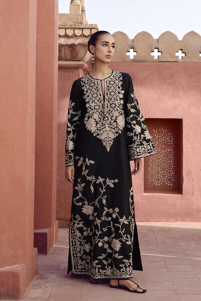 Samara Embroidered Silk Kaftan - Black