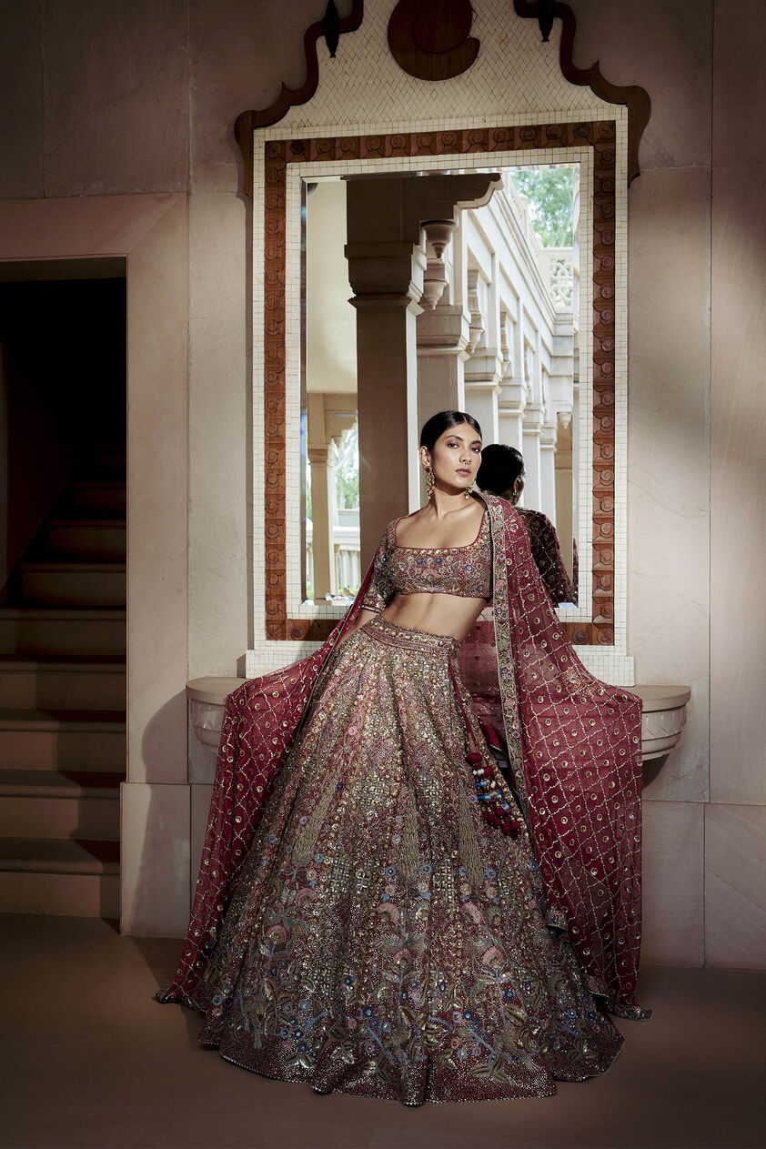 Avani Zardozi Silk Lehenga - Wine, Wine, image 1