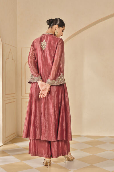 Azha Embroidered Zardozi Silk Jacket Set - Red