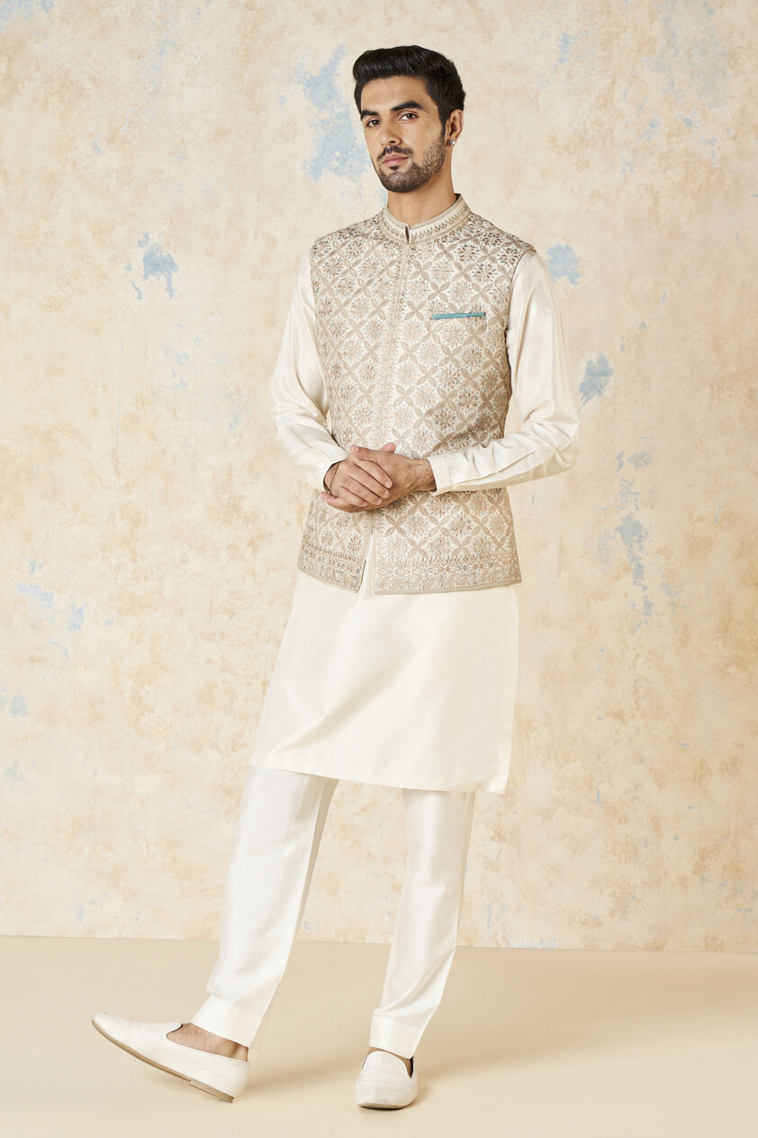 Rayan Embroidered Silk Nehru Jacket - Ivory, Ivory, image 1