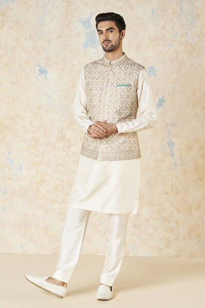 Rayan Embroidered Silk Nehru Jacket - Ivory