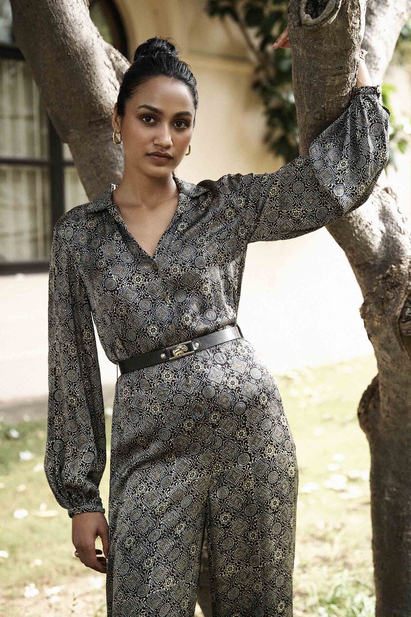 Sweep Ajrakh Hand-block Printed Jumpsuit - Black, Black, image 3