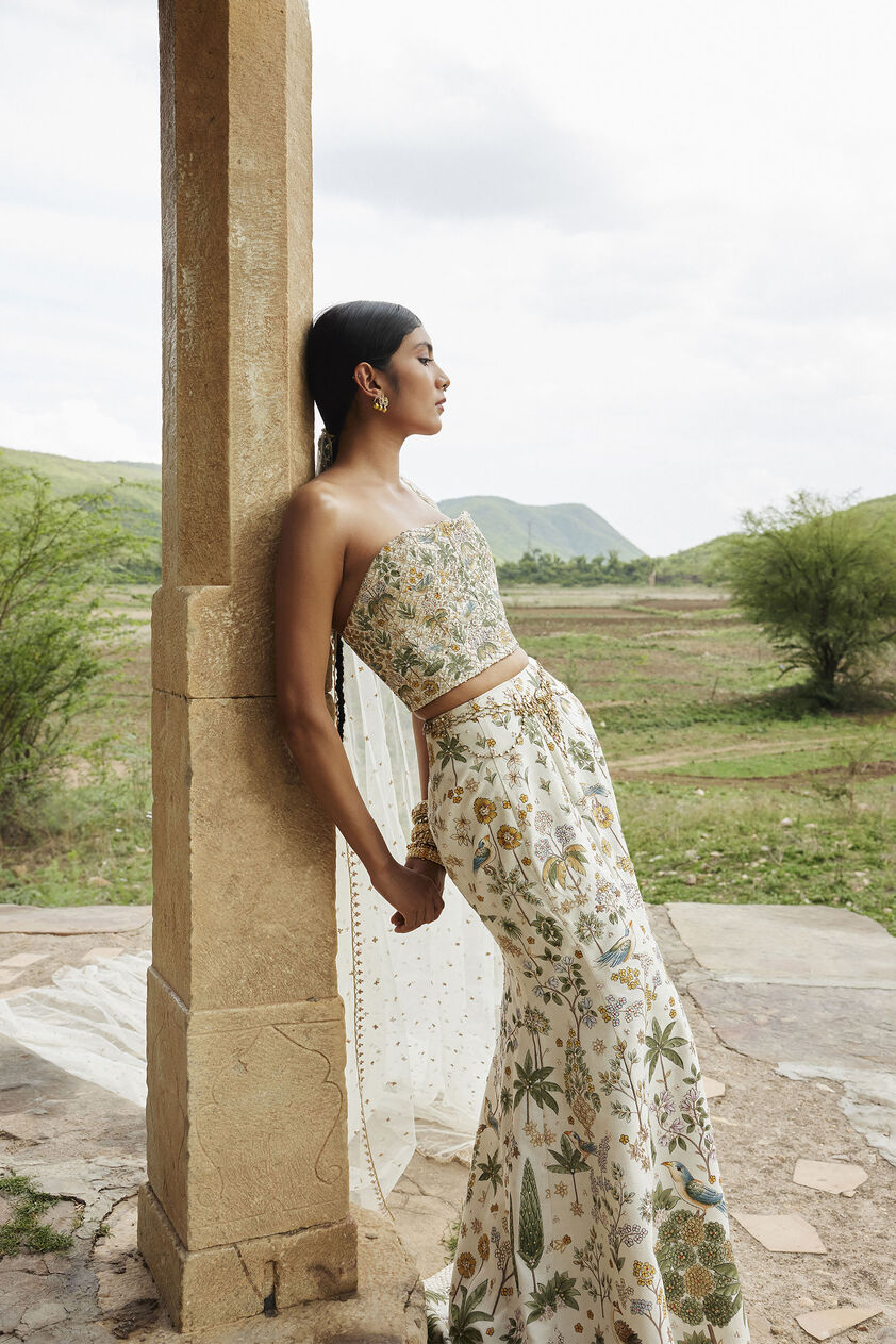 Urvara Hand-painted Pichhwai Silk Skirt Set - Ivory, Ivory, image 1