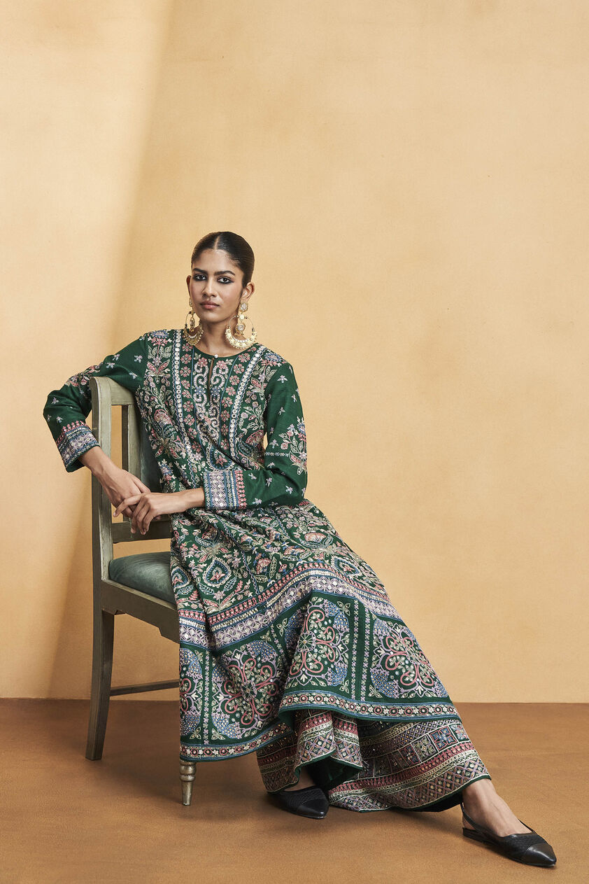 Serenade Of The Trees SEWA Hand-embroidered Silk Kurta Set - Green, Green, image 5