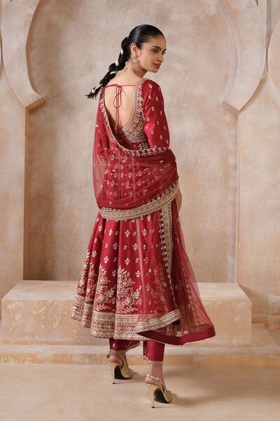 Triyama Embroidered Silk Anarkali Set - Red