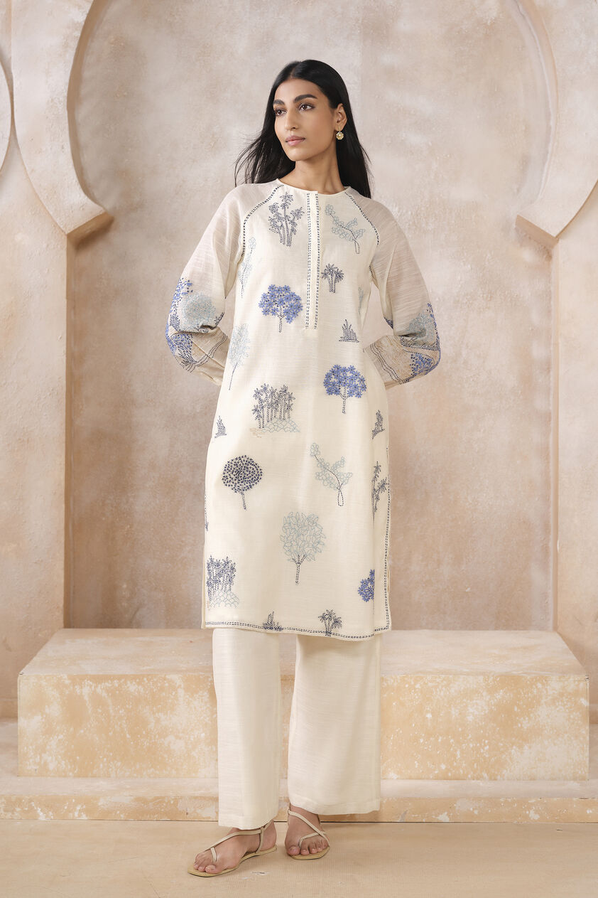 Iseda Hand-embroidered Kantha Kurta Set - White, White, image 1