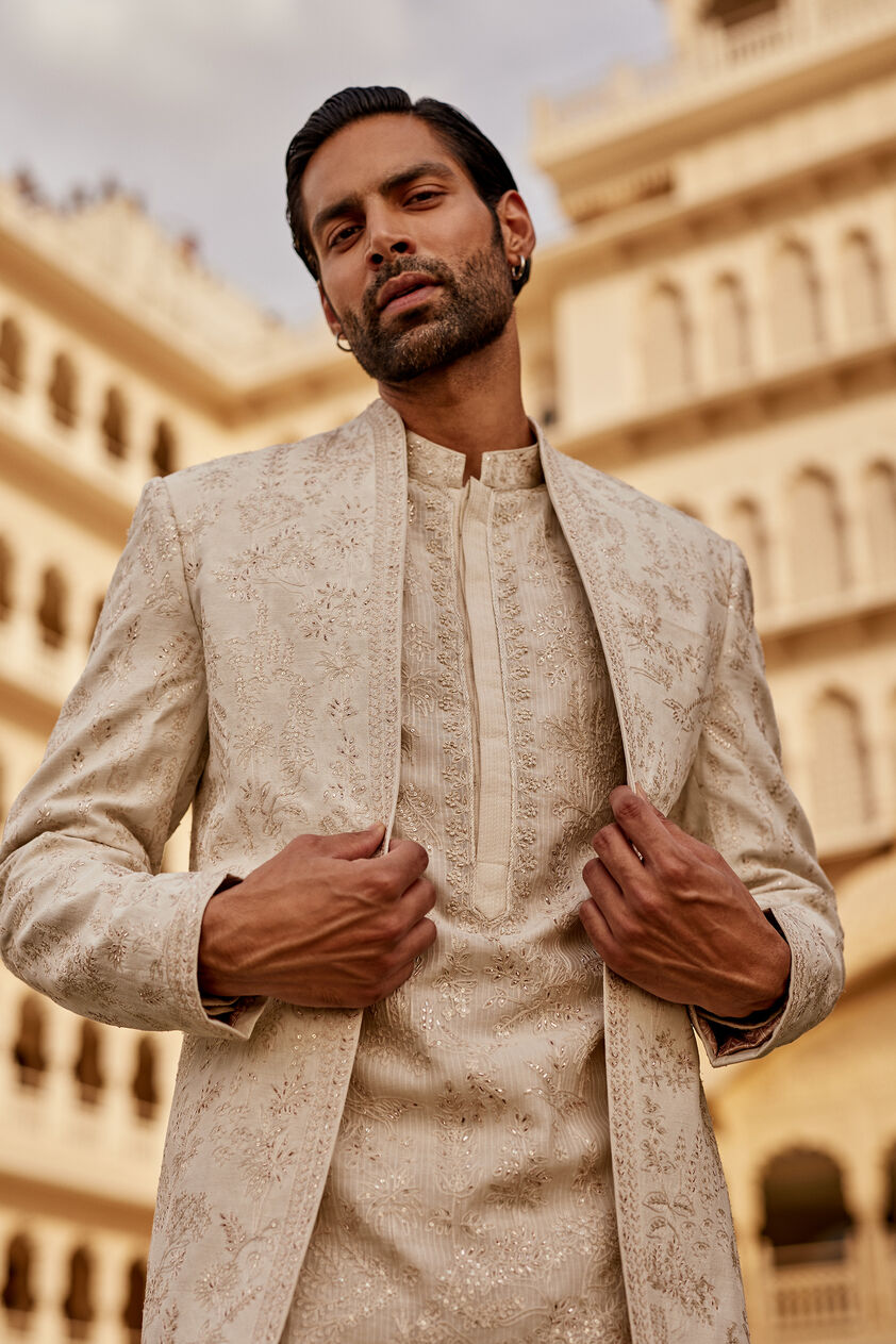Areez Embroidered Silk Sherwani - Off White, Off White, image 3