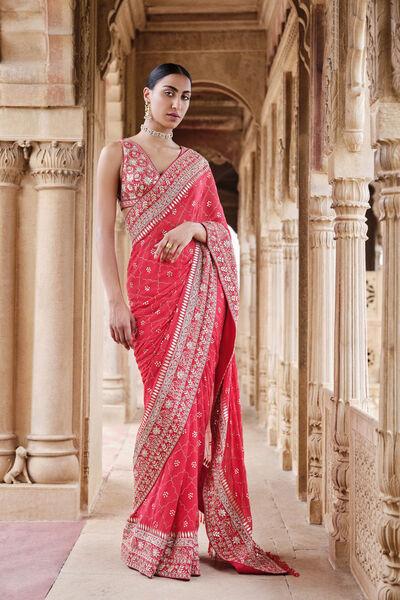 Anushna Handcrafted Badla Georgette Saree - Red