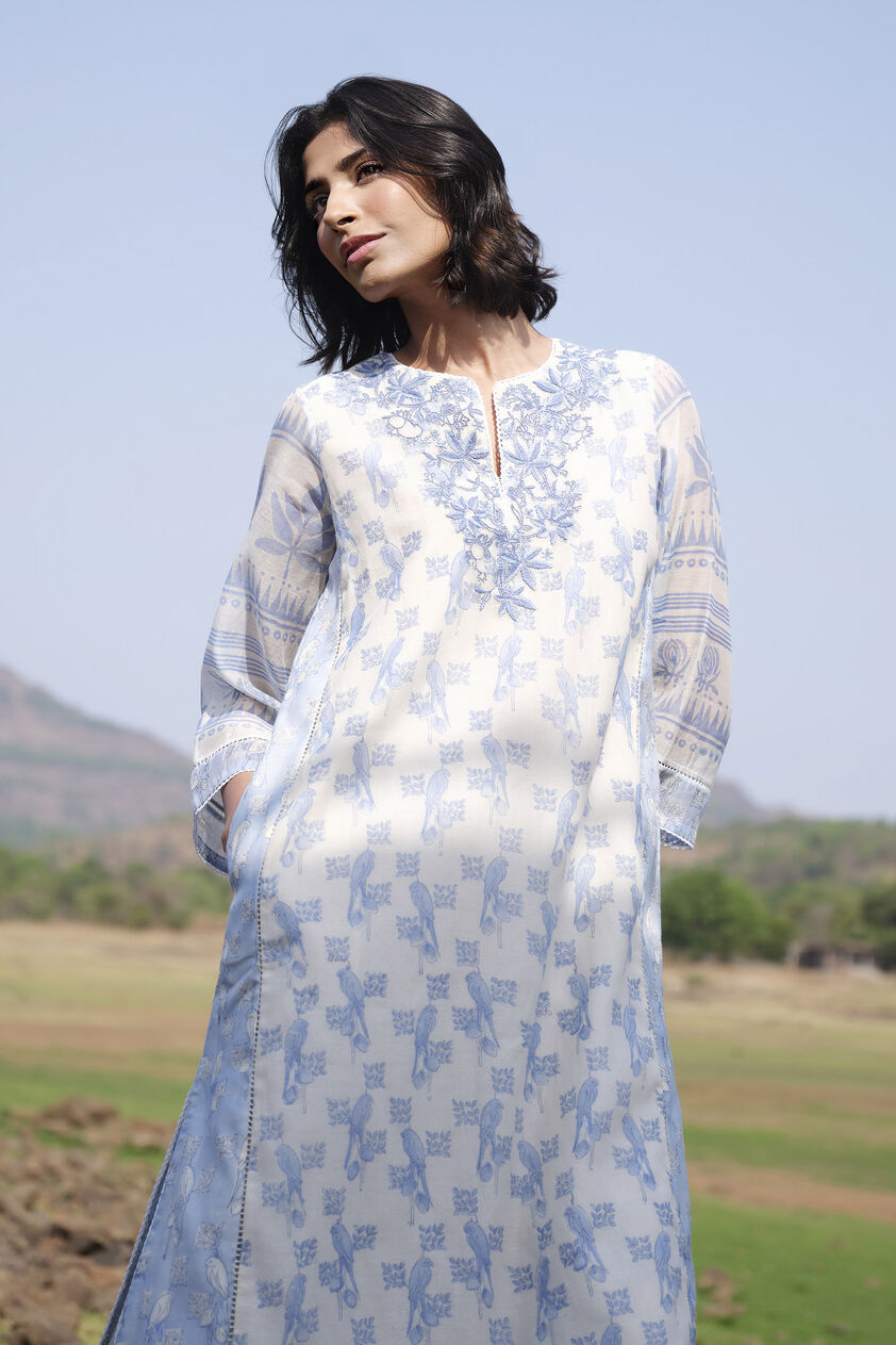 Aves Hand-embroidered Kantha Mul Kurta Set - Blue, White, image 2