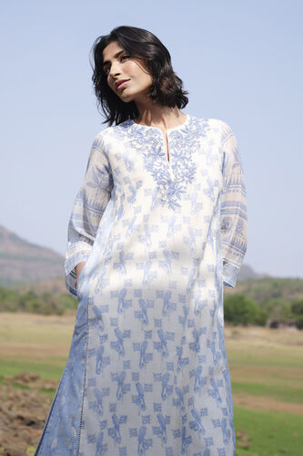 Aves Hand-embroidered Kantha Mul Kurta Set - Blue, White, image 2