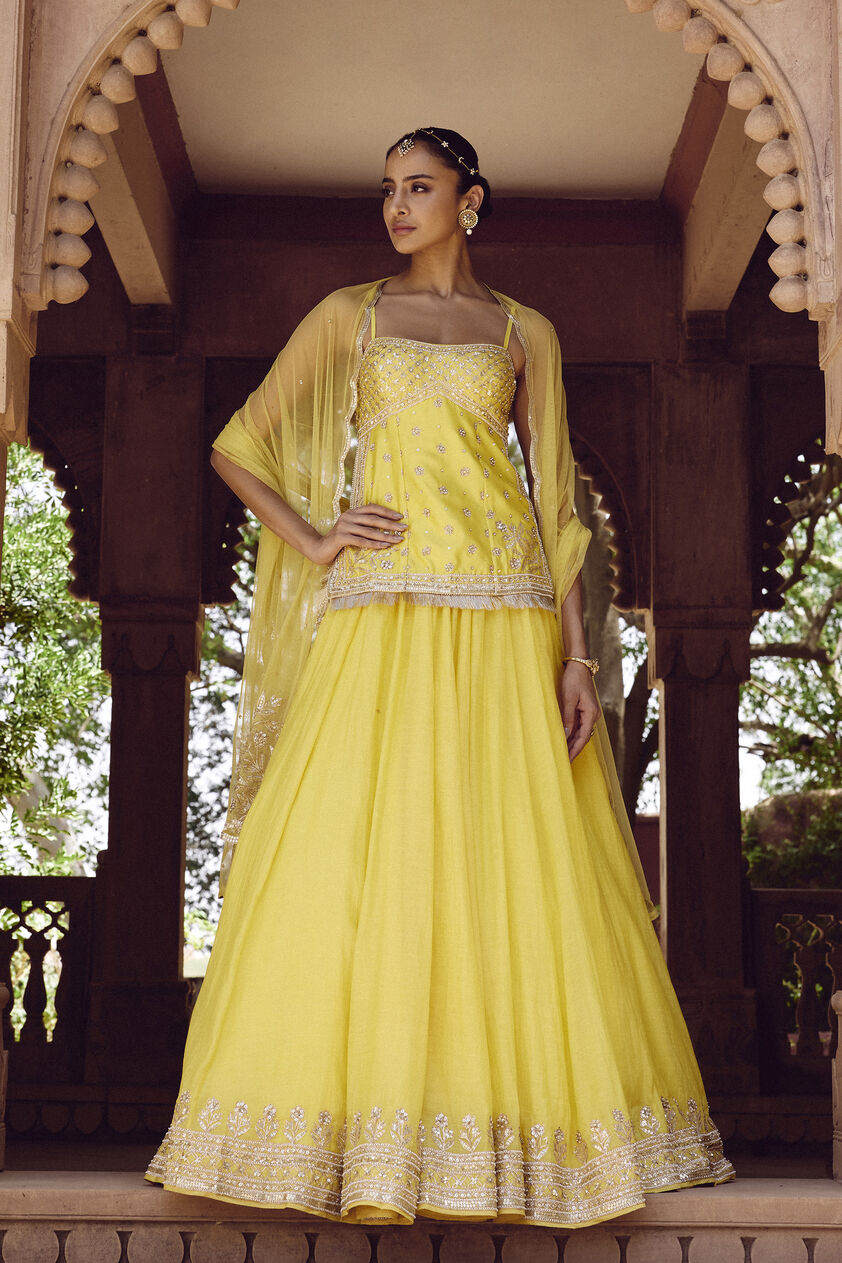 Srika Gota Patti Mul Skirt Set - Yellow, Yellow, image 1