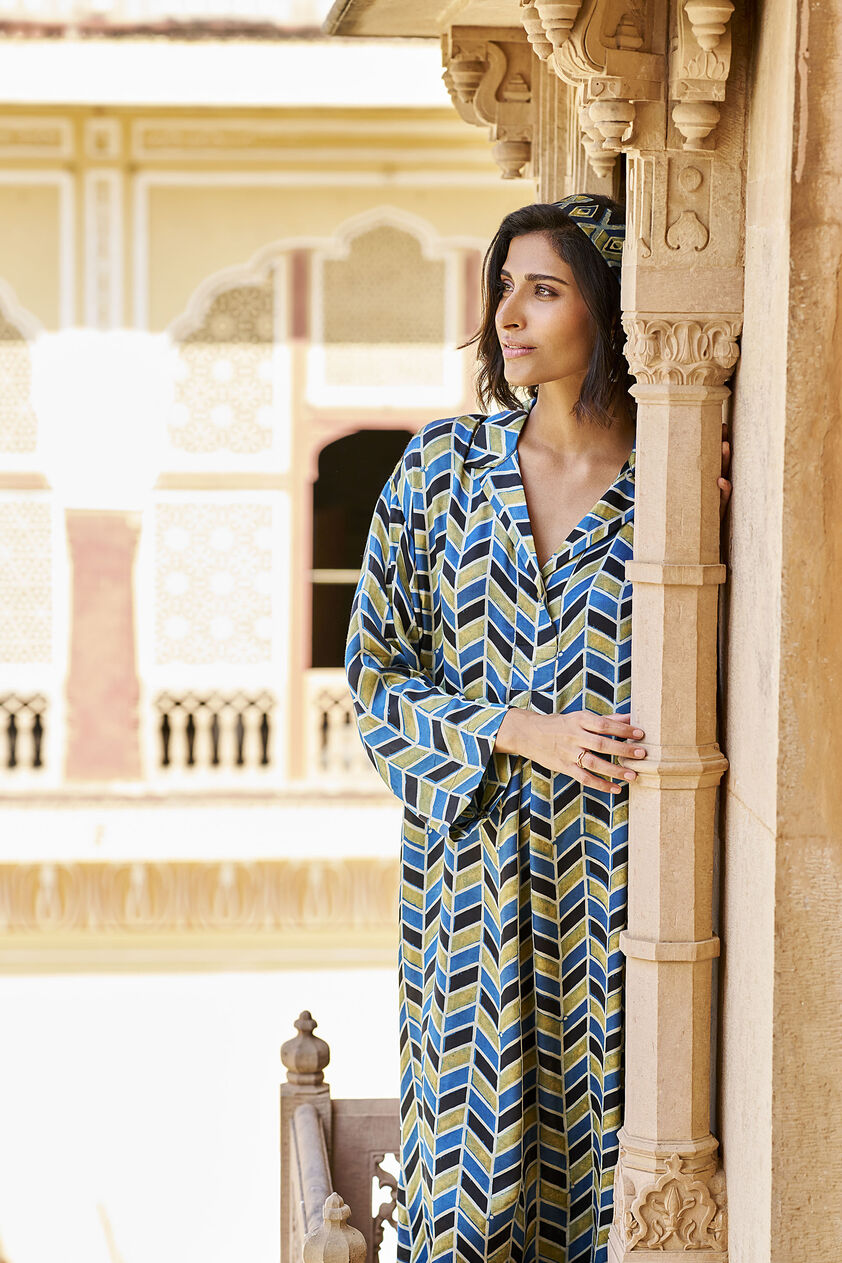 Idyll Ajrakh Hand-block Printed Dress - Green, Print, image 3