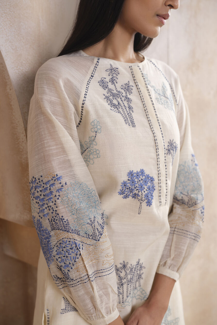 Iseda Hand-embroidered Kantha Kurta Set - White, White, image 5